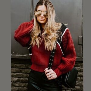 FRAME Chunky Knit Cotton Sweater in Calvary Red Black White NWT